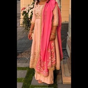Blush Pink Long Frock Punjabi Indian Suit Party Wear and Palazzoo Pants